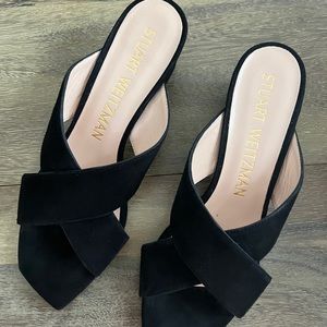 Stuart Weitzman suede leather slides black side 8.5